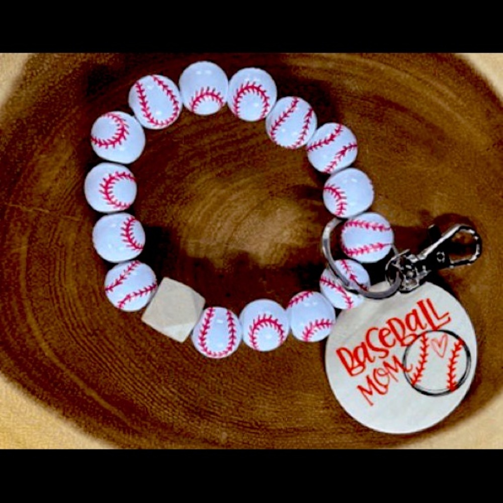 These baseball painted Wood Bead Bracelet, Keyring Tassel with a Round Wood Disc